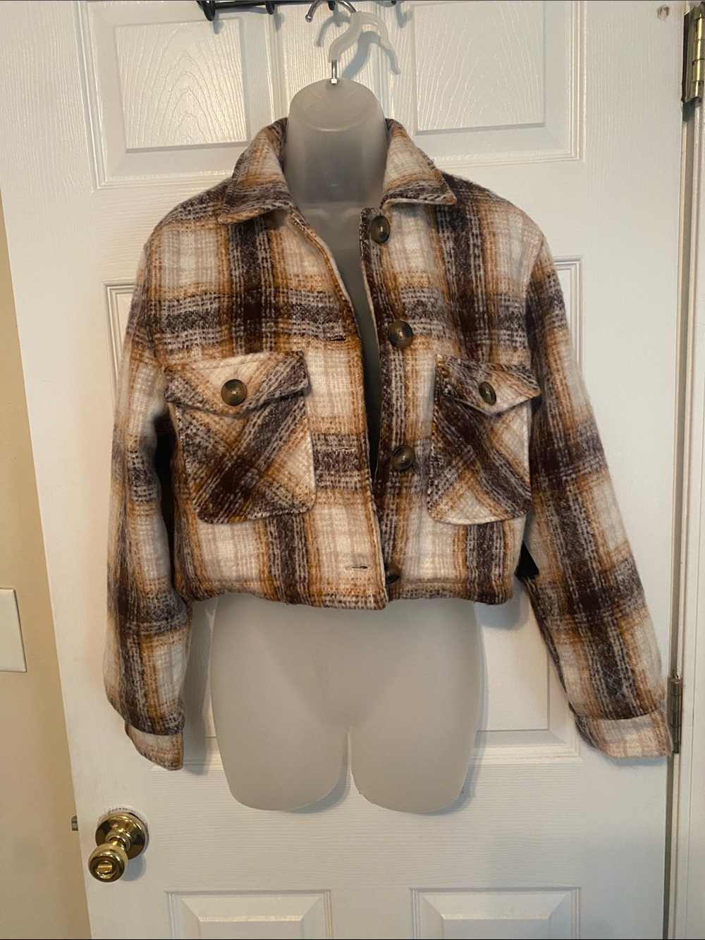 Ambiance Outerwear Cropped Plaid Shacket Jacket - Brown & Cream